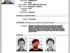 This image made from the website of the international police network, Interpol, shows the "wanted" listing for the billionaire Thai heir to the Red Bull energy drink fortune, Vorayuth Yoovidhya, on Monday, Sept. 11, 2017. Interpol listing known as a Red Notice was on its database since August 2017 but has only just made it viewable to the public. Vorayuth, better known by his nickname "Boss", is wanted in connection with a hit-and-run incident in Bangkok in September 2012, in which a Thai policeman on motorbike patrol was struck and killed by a driver in a Ferrari. (Interpol via AP)