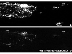 This combination of photos released by National Oceanic and Atmospheric Administration (NOAA) shows Puerto Rico at night on July 24, 2017, top, before the passing of Hurricane Maria, and on Sept. 25, days after the hurricane wiped out most of the island's power. NOAA corrected the date of the bottom image to Sept. 25 on Twitter. Most of Puerto Rico has been without lights or air conditioning since the passing of Maria on Sept. 20 and is looking at many more. (NOAA via AP)