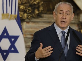 Israeli Prime Minister Benjamin Netanyahu talks at the government house in Buenos Aires, Argentina, Tuesday, Sept. 12, 2017. Netanyahu arrived to Argentina's capital Monday, marking the first visit by an Israeli leader since the creation of the Israeli state in 1948. He is also scheduled to visit Colombia and Mexico and the U.N. General Assembly. (AP Photo/Natacha Pisarenko)