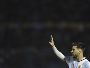 Argentina's Lionel Messi gestures during a 2018 World Cup qualifying soccer match against Uruguay in Montevideo, Uruguay, Thursday, Aug. 31, 2017.(AP Photo/Natacha Pisarenko)