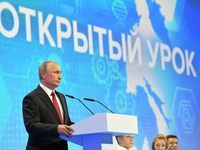 Russian President Vladimir Putin speaks at a meeting with students in Yaroslavl, Russia, Friday, Sept. 1, 2017.