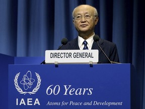 CORRECTS DATE - Director General of the International Atomic Energy Agency, IAEA, Yukiya Amano of Japan delivers a speech during the opening of the general conference of the IAEA, in Vienna, Austria, Monday, Sept. 18, 2017. (AP Photo/Ronald Zak)