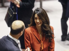 Amal Clooney arrives for a meeting of the United Nations Security Council during the U.N. General Assembly, Thursday Sept. 21, 2017 at U.N. headquarters. (AP Photo/Bebeto Matthews)