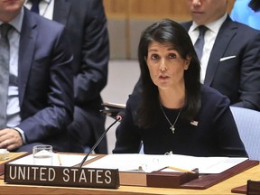 United Nations U.S. Ambassador Nikki Haley addresses a U.N. Security Council meeting on North Korea, Monday Sept. 4, 2017 at U.N. headquarters