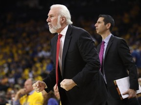 In this May 16 file photo, San Antonio Spurs coach Gregg Popovich stews on the sideline against the Golden State Warriors.