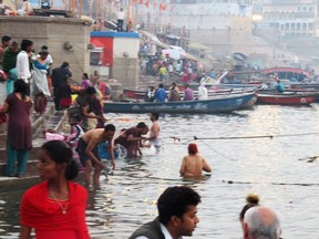 The morning bathing ritual at sun rise on the banks of the Ganges.