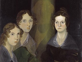 An 1834 painting of (left to right), Anne, Emily, and Charlotte; Branwell originally painted himself between Emily and Charlotte, but later painted himself out.