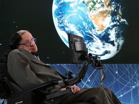 Professor Stephen Hawking attends the New Space Exploration Initiative "Breakthrough Starshot" Announcement at One World Observatory on April 12, 2016 in New York City.