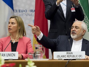 Iranian Foreign Minister Mohammad Javad Zarif (R) and European Union High Representative for Foreign Affairs and Security Policy Federica Mogherini are pictured during a plenary session at the United Nations building in Vienna, Austria July 14, 2015.