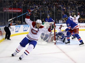 Montreal Canadiens forward Brendan Gallagher celebrates a first-period goal by Max Pacioretty that was later disallowed against the New York Rangers on Oct. 8.