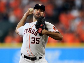 Justin Verlander of the Houston Astros pitches in the second inning against the New York Yankees during Game 2 of the American League Championship Series at Minute Maid Park on Oct. 14, 2017.