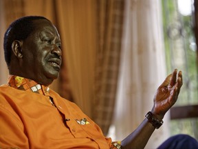 Opposition leader Raila Odinga speaks to the Associated Press at his home in Karen, on the outskirts of Nairobi, Kenya, Sunday, Oct. 29, 2017. Odinga has said in an interview with The Associated Press that the repeat presidential election was a sham and that a new vote should be held within 90 days. (AP Photo/Ben Curtis)