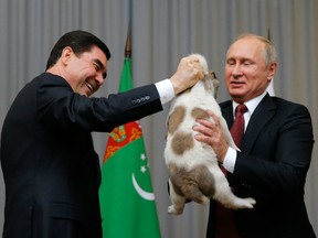 Turkmenistan's President Gurbanguly Berdimuhamedov presents a Turkmen shepherd dog to Vladimir Putin during a meeting in Sochi, on October 11, 2017