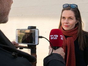 Katrin Jakobsdottir gives an interview during the election on October 28, 2017 in Reykjavik.