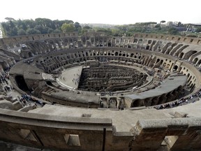 A view of the ancient Colosseum as seen from the topmost level, on the occasion of a media tour presenting the re-opening after forty years of the fourth and fifth level of the Italy's most famous site, in Rome, Tuesday, Oct. 3, 2017. Officials on Tuesday showed off the newly restored fourth and fifth levels of the Colosseum, which are opening to the public starting Nov. 1. Included in the tour is a connecting hallway that has never before been open to tourists. (AP Photo/Andrew Medichini)