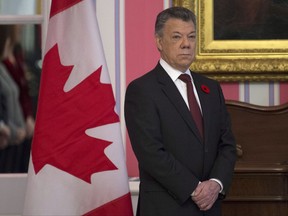 Colombian President Juan Manuel Santos is seen during an official welcoming ceremony at Rideau Hall in Ottawa, Monday October 30, 2017. THE CANADIAN PRESS/Adrian Wyld