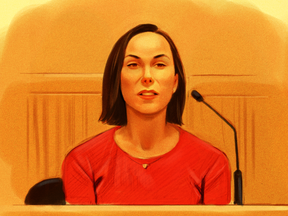 Amanda Lindhout testifies at the trial of Ali Omar Ader on Oct. 5, 2017. Ader is accused of involvement in the kidnapping of Lindhout and Australian Nigel Brennan in Somalia.
