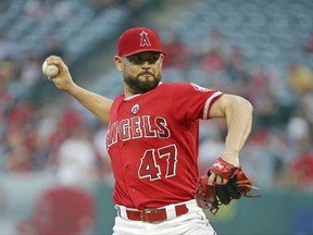 Los Angeles Angels starter Ricky Nolasco pitches to the Seattle Mariners in the first inning of a baseball game in Anaheim, Calif., Saturday, Sept. 30, 2017. (AP Photo/Reed Saxon)