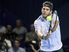 Argentina's Juan Martin Del Potro returns a ball to Spain's Roberto Bautista Agut during their quarter final match at the Swiss Indoors tennis tournament at the St. Jakobshalle in Basel, Switzerland, on Friday, Oct.27, 2017. (Alexandra Wey/Keystone via AP)