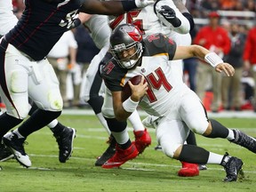 Tampa Bay Buccaneers quarterback Ryan Fitzpatrick (14) dives for yardage against the Arizona Cardinals during the first half of an NFL football game, Sunday, Oct. 15, 2017, in Glendale, Ariz. (AP Photo/Ralph Freso)
