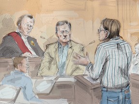 Justice Michael Code (left to right), Mark Smich, Clayton Babcock and Dellen Millard are shown in this artist's sketch at the first-degree murder trial of Millard and Smich in Toronto, Monday, Oct.23, 2017.