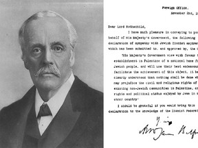 Balfour Declaration and United Kingdom's Foreign Secretary Arthur James Balfour, confirming support from the British government for the establishment in Palestine of a "national home" for the Jewish people.