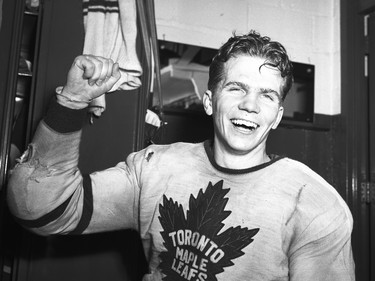 Toronto Maple Leafs defenceman Bill Barilko celebrates his Stanley Cup-winning goal on Apr. 21, 1951.