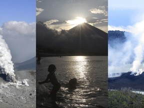 In this combination of photos, from left to right: Shinmoedake volcano in southwestern Japan on Oct. 12, 2017; Mount Agung in Bali on Oct. 8, 2017; Manaro volcano on Vanuatu on Oct. 1, 2017. The horse shoe shaped string of active volcanos bounding the Pacific Ocean has lived up to its "Ring of Fire" calling card in the past month, sparking mass evacuations in Indonesia and Vanuatu and now setting parts of south-western Japan on edge. The 450 or so volcanos that make up the Ring of Fire are an outline of where the massive Pacific Plate is grinding against other plates that make up the earth's crust, creating a 40,000 kilometer-long (25,000 mile) zone prone to frequent earthquakes and eruptions. (Kyodo, Vanuatu Meteorological and GeoHazards Department via AP)