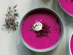 Brightest borscht with sour cream and fresh dill