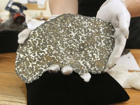 A sliced section of the rare Sprinwater pallasite meteor that was discover near Springwater Sak. in 1931