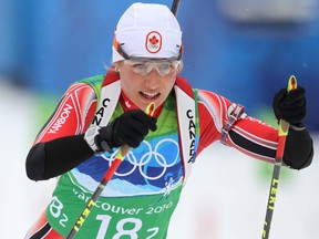 Zina Kocher competes in biathlon at the Vancouver Olympics on Feb. 23, 2010.