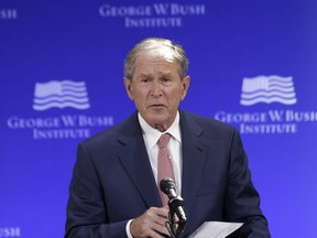 Former U.S. President George W. Bush speaks at a forum sponsored by the George W. Bush Institute in New York, Thursday, Oct. 19, 2017.
