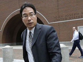 FILE - In this Sept. 19, 2017, file photo, Glenn Chin, supervisory pharmacist at the now-closed New England Compounding Center, leaves  federal court after attending the first day of his trial in Boston. Closing arguments are expected Thursday, Oct. 19. Chin is charged with second-degree murder and other crimes under federal racketeering law for his role in the 2012 fungal meningitis outbreak that killed 76 people and sickened hundreds of others. (AP Photo/Steven Senne, File)