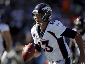 Denver Broncos quarterback Trevor Siemian looks to pass during the first half of an NFL football game against the Los Angeles Chargers Sunday, Oct. 22, 2017, in Carson, Calif. (AP Photo/Jae C. Hong)