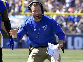 Los Angeles Rams head coach Sean McVay celebrates after a touchdown against the Seattle Seahawks during the first half of an NFL football game Sunday, Oct. 8, 2017, in Los Angeles. (AP Photo/Mark J. Terrill)