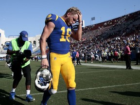 Los Angeles Rams wide receiver Cooper Kupp leaves the field after missing a touchdown catch in the final second of the game against the Seattle Seahawks in an NFL football game Sunday, Oct. 8, 2017, in Los Angeles. (AP Photo/Jae C. Hong)