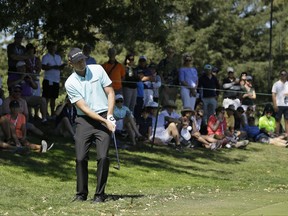 Brendan Steele chips the ball onto the second green of the Silverado Resort North Course during the final round of the Safeway Open PGA golf tournament Sunday, Oct. 8, 2017, in Napa, Calif. (AP Photo/Eric Risberg)