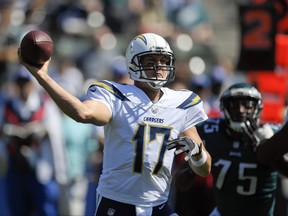 Los Angeles Chargers quarterback Philip Rivers throws a pass during the first half of an NFL football game against the Philadelphia Eagles Sunday, Oct. 1, 2017, in Carson, Calif. (AP Photo/Mark J. Terrill)