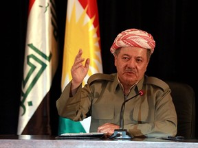 FILE - In this Sunday, Sept. 24, 2017 file photo, the President of Iraq's autonomous Kurdish region, Massoud Barzani, speaks to reporters during a press conference in Irbil, Iraq, Sunday, Sept. 24, 2017. The office of Iraq's parliament speaker says Salim Jabouri is traveling to the country's Kurdish region to meet with Barzani, Sundaay, Oct. 8, 2017. The move comes in the wake of the Kurdish regional vote for independence in a controversial referendum two weeks ago. (AP Photo/Khalid Mohammed, File)