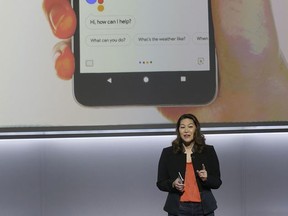 Google's Sabrina Ellis speaks about the Google Pixel 2 phones at a Google event at the SFJAZZ Center in San Francisco, Wednesday, Oct. 4, 2017. (AP Photo/Jeff Chiu)