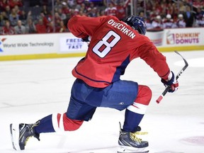 Washington Capitals forward Alex Ovechkin celebrates a goal against the Montreal Canadiens on Oct. 7.