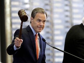 FILE - In this July 18, 2017, file photo, Texas Speaker of the House Joe Straus, R-San Antonio, calls the House of Representatives to order in Austin, Texas. Straus, a powerful moderate voice that kept the country's largest conservative state from moving even father to the right, abruptly announced Wednesday, Oct. 25, 2017, that he won't seek re-election. (AP Photo/Eric Gay, File)