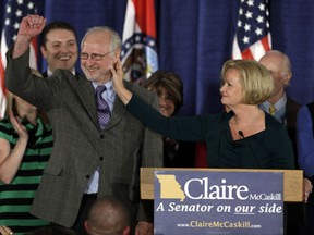 FILE - In this Nov. 6, 2012 file photo, Sen. Claire McCaskill, D-Mo., touches the face of her husband, Joseph Shepard, while declaring victory in the Missouri Senate race in St. Louis. McCaskill said Monday Oct. 30, 2017 on Twitter that Shepard is in a  in St. Louis hospital intensive care unit. (AP Photo/Jeff Roberson File)
