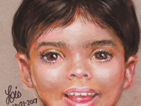 This undated artist rendering provided by the Galveston Police Department shows a depiction of a boy that police are asking for the public's help to identify. The young boy's body was found on a beach in Southeast Texas. Galveston police say the boy, aged 3 to 5 years, was found Friday, Oct. 20, 2017. Police are sifting through hundreds of tips and leads to discover the name of the little boy whose body was found on a deserted beach in Southeast Texas last week. (The Galveston Police Department via AP)