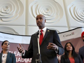Immigration Minister Ahmed Hussen speaks to guests at City Hall in Brampton, Ont., on Wednesday, October 4, 2017.