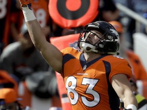 Denver Broncos tight end A.J. Derby catches a touchdown pass during the first half of an NFL football game against the Oakland Raiders Sunday, Oct. 1, 2017, in Denver. (AP Photo/Joe Mahoney)
