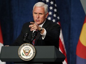Vice President Mike Pence speaks during a fundraising event for the Republican Party on Thursday, Oct. 26, 2017, in Greenwood Village, Colo. (AP Photo/David Zalubowski)