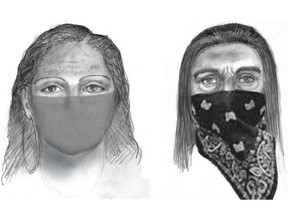 This sketch released by the FBI shows the two suspects in the case of a young mother who was found battered and bruised but alive along a freeway after she was missing for three weeks.