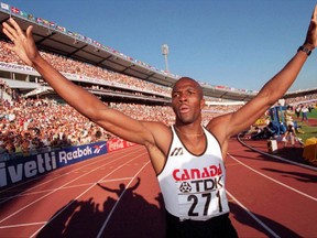 Canada's Donovan Bailey raises his arms to the crowd, after winning the final of the men's 100-meters at the 5th World Track and Field Championships in Goteborg's Ullevi Stadium Sweden, Sunday Aug. 6, 1995. Two-time Olympic gold medallist and three-time world champion Donovan Bailey will be added to Canada's Walk of Fame next month. THE CANADIAN PRESS/AP-Thomas Kienzle