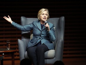 Hillary Clinton speaks at Stanford University, in Stanford, Calif., Friday, Oct. 6, 2017. The event marked the opening of the Center on Democracy, Development and the Rule of Law's Global Digital Policy Incubator. THE CANADIAN PRESS/ AP/Patrick Tehan /East Bay Times via AP)